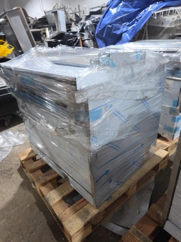 Asber Style Gas Powered 6 Burner Range, Model 6B-G, new out of box, shrink-wrapped, with full-size oven underneath.