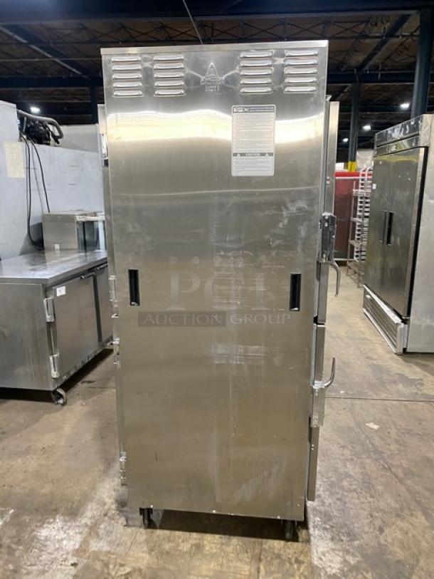 Metro C5 Series stainless steel half-door heated cabinet, model C589-SDS-UPDS, with digital controls and pan racks, on casters.