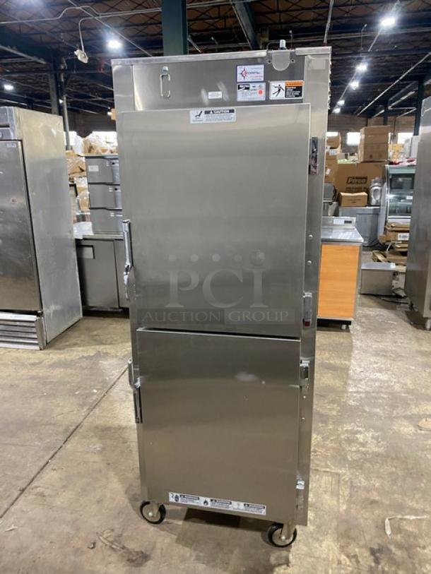 Metro C5 Series heated holding cabinet, model C589SDSUPDS, stainless steel, half-door, digital controls, pan racks, on casters.