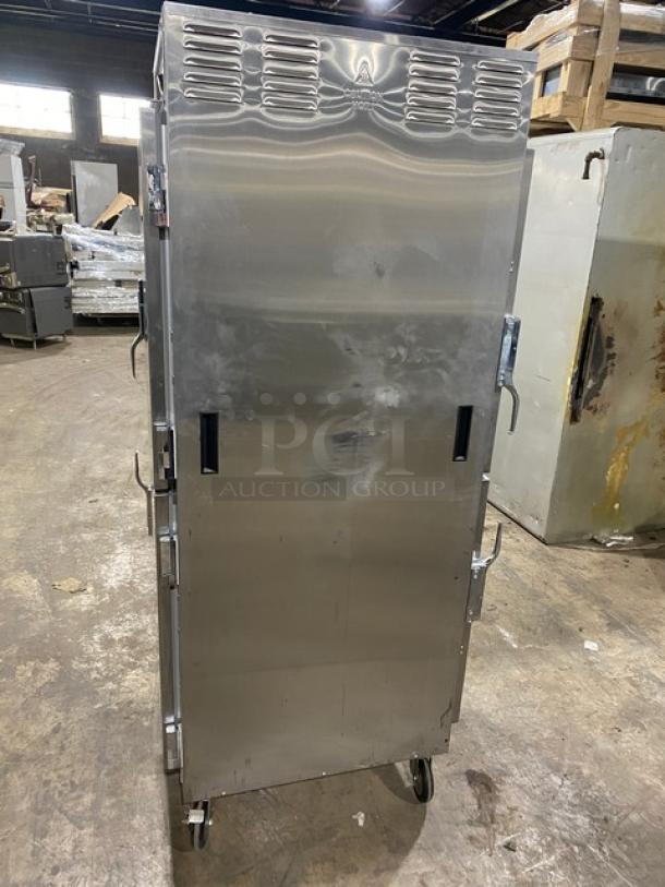 Metro C5 Series stainless steel heated holding cabinet, model C589SDSUPDS, on casters, with digital controls and pan racks.