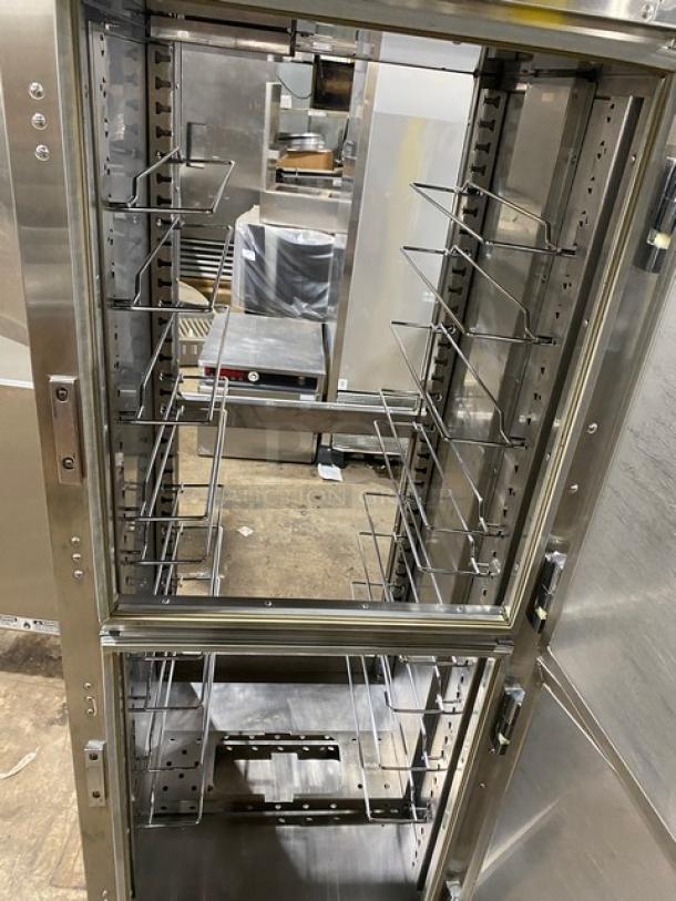 Metro C5 Series stainless steel heated holding cabinet, Model C589-SDS-UPDS, with digital controls and pan holding racks, on casters.