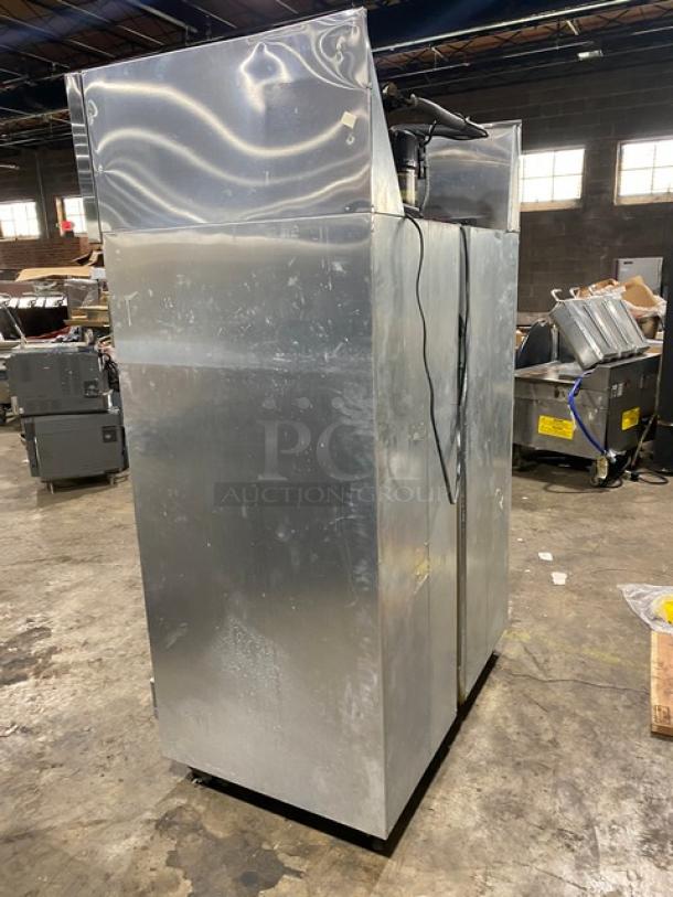 Continental Commercial Stainless Steel 2 Glass Swing Door Reach-In Freezer, Model 2F-QD, on casters, with poly-coated wired rack.