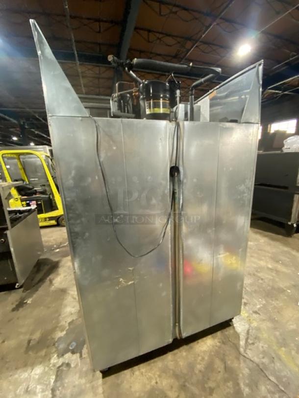 Continental Commercial Stainless Steel Reach-In Freezer, Model 2F-QD, glass swing doors, poly coated rack, on casters.