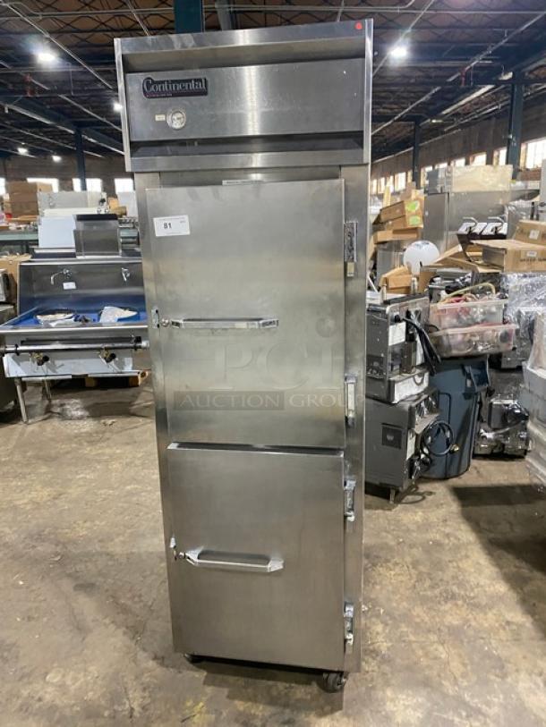 Continental 1R-SS-HD stainless steel half door refrigerator, model 1RSSHD, on casters, excellent condition, 115V.