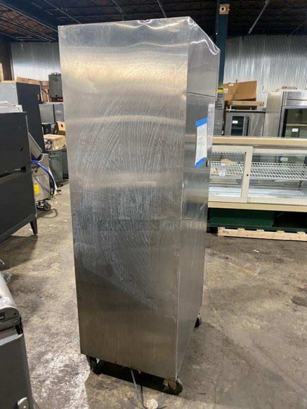 Continental stainless steel half door refrigerator, model 1R-SS-HD. On casters, 115V, serial A98B2959, used condition.