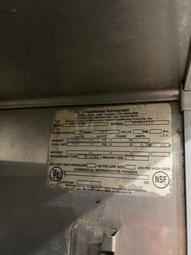 Continental Commercial Stainless Steel Half Door Refrigerator, Model 1R-SS-HD, Serial A98B2959, 115V, on casters, NSF certified.