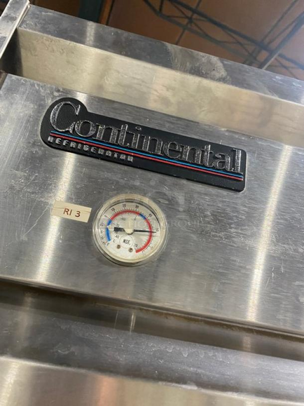 Continental 1R-SS-HD stainless steel refrigerator; features half door, thermometer, model tag. 115V, on casters.