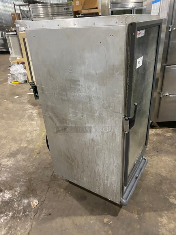 Metro C517CFG4 commercial electric heated holding cabinet, single glass door, digital controls, pan slide, on casters.