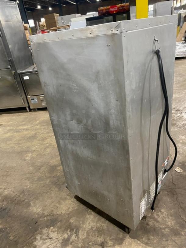 Metro C5-1 Series heated holding cabinet, model C517CFG4, single glass door, digital controls, on casters, back view.