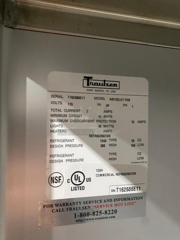 Traulsen Commercial Stainless Steel One Door Reach-In Refrigerator, Model ARI132LUTFHS, Digital Controls, 115V, on Casters.