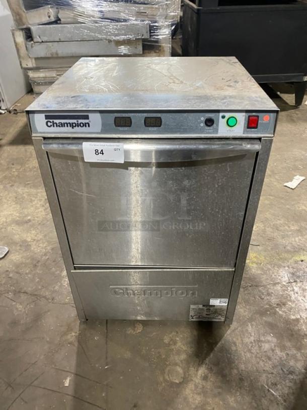 Champion UH130BM4 stainless steel undercounter dishwasher, electric, high-temp, 120-208/230V, 1 phase, model visible.