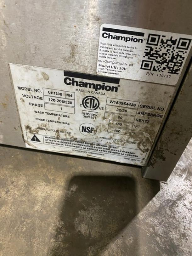 Champion UH130BM4 high-temp undercounter dishwasher, stainless steel, electric, 120-208/230V, 1 phase, visible wear, model and serial labels.
