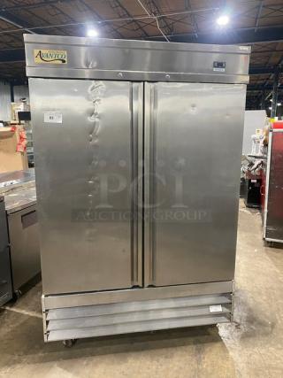 Avantco CFD-2RR commercial 2-door stainless steel refrigerator on casters, includes poly coated wire rack, model tag visible.