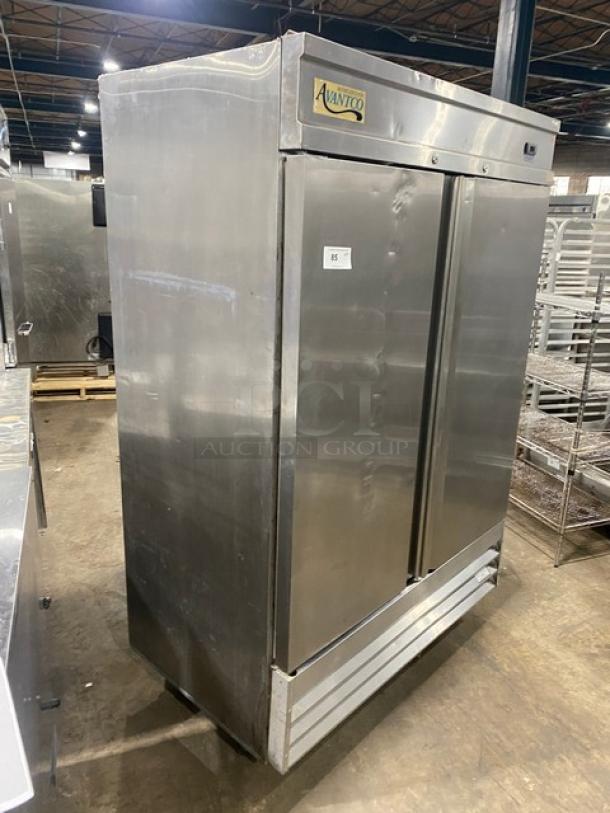 Avantco Commercial Stainless Steel 2-Door Refrigerator, Model CFD-2RR, with poly-coated wire rack, on casters, 115V.