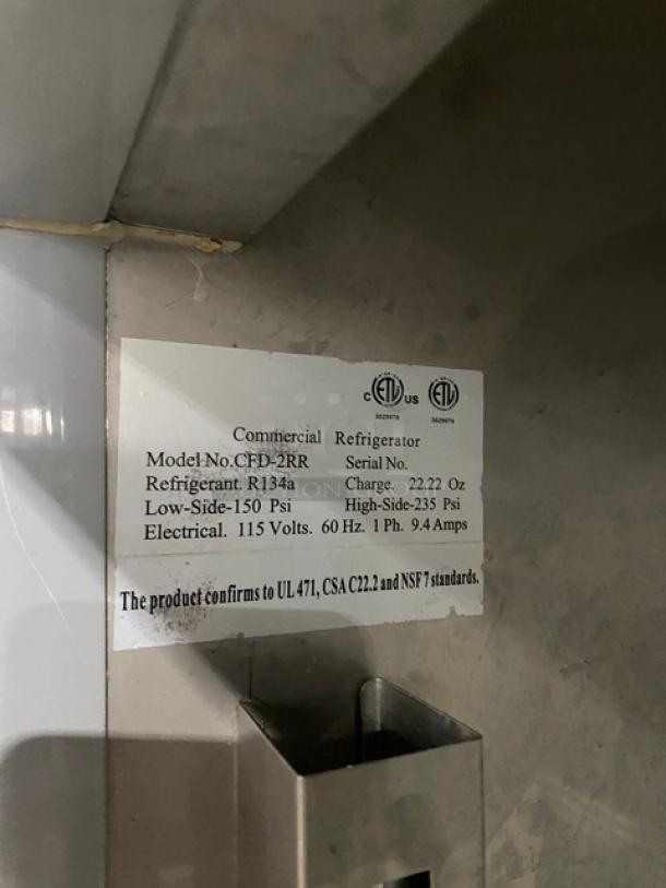 Avantco CFD2RR Commercial Refrigerator label detailing model and electrical specs, 115V, 1 Phase.