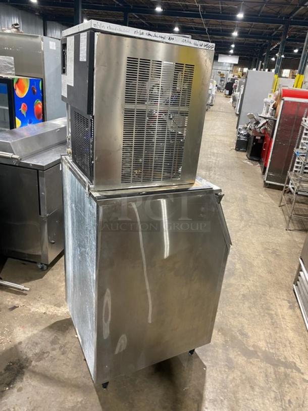 Manitowoc stainless steel air-cooled ice making machine/bin combo, model RNF0620W, 115V 1 phase, on legs.
