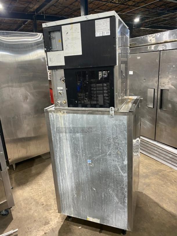 Manitowoc RNF0620W Stainless Steel Ice Maker/Bin Combo, Air-Cooled, 115V, 1 Phase, On Legs. Visible signs of use.