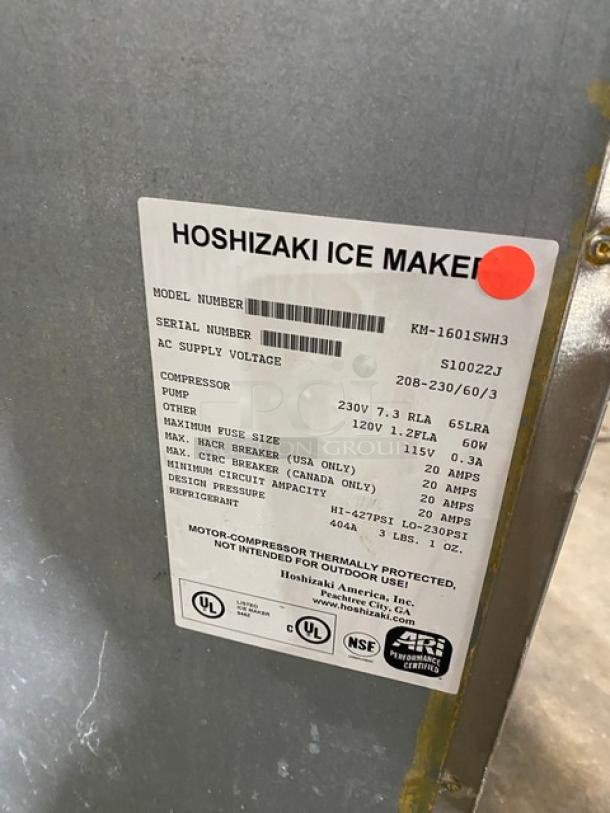 Hoshizaki stainless steel undercounter ice maker, model KM-1601SWH3, serial S10022J, 208-230V, 3-phase, crescent cubes.