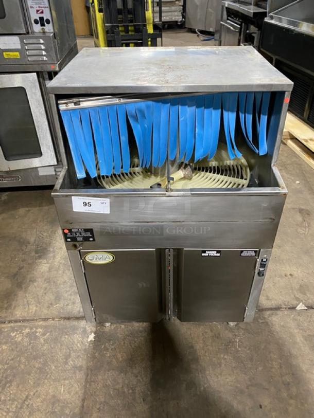 CMA Model GL-C commercial stainless steel undercounter bar dishwasher, carousel style, blue flaps, on legs, visible brand label.