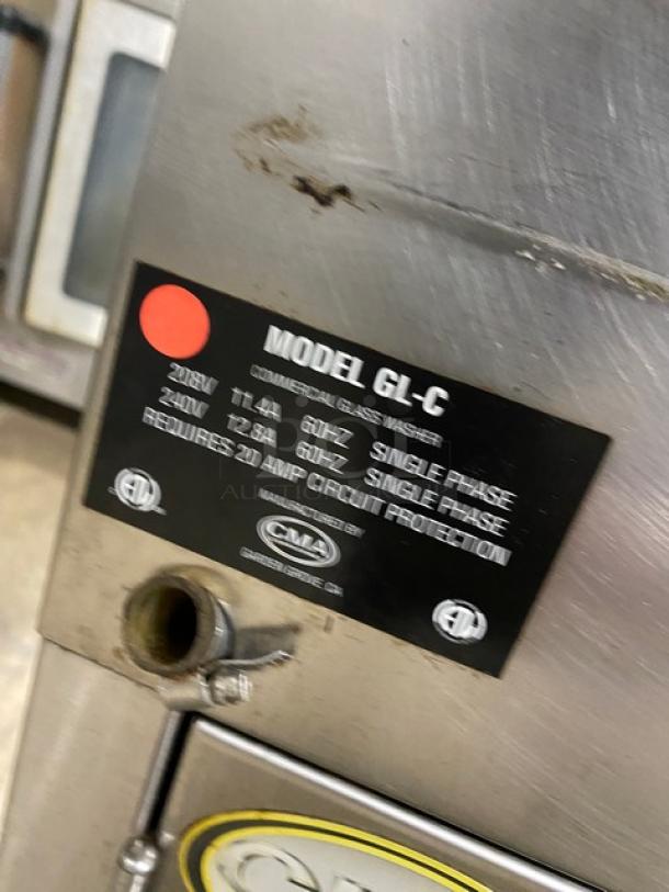 CMA GL-C stainless steel undercounter bar dishwasher, carousel style, model GL-C. Features visible label with specs.