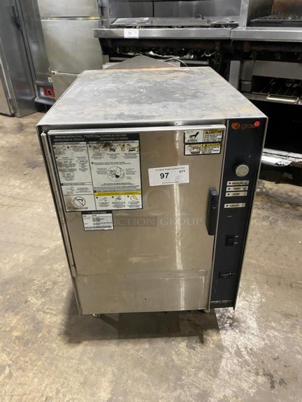 Groen SSB5G commercial gas-powered steamer, stainless steel, boilerless, on legs, visible control panel, used condition.