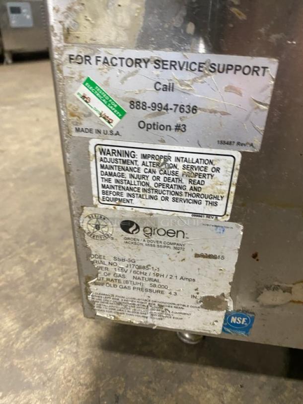 Groen SSB5G commercial boilerless steamer, natural gas, 115V, 1 phase, on legs, factory support labels visible, fair condition.