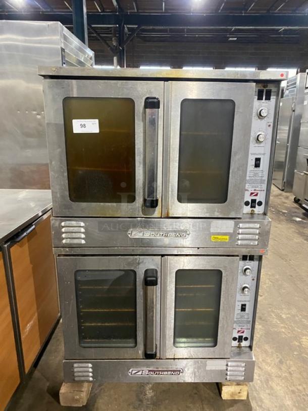 Southbend commercial double stacked convection oven, natural gas powered, with wired oven rack, stainless steel, used condition.