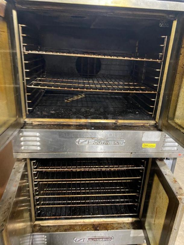 Southbend commercial double-stacked convection oven, natural gas, wired racks included, stainless steel, used condition.