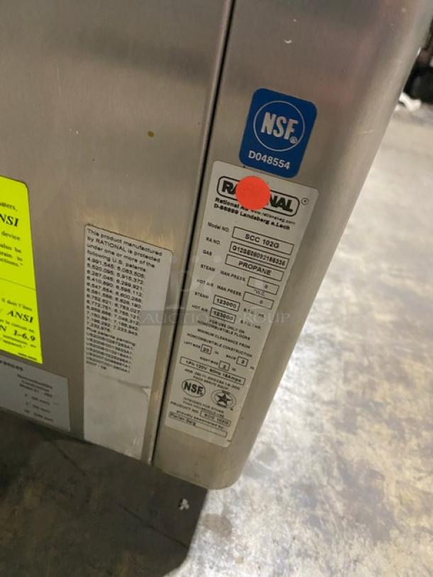Rational SelfCooking Center SCC102G commercial combi oven, stainless steel, electric, with wired rack; NSF certification label visible.