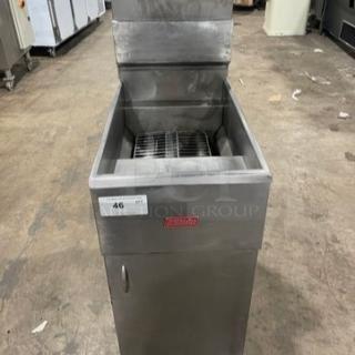 Trialator commercial stainless gas-powered 40lb deep fat fryer with backsplash, on legs. Features a front panel and side handle.