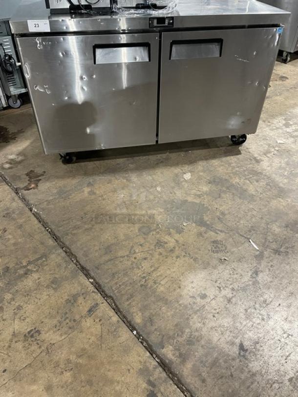 Migali Commercial 2-Door Undercounter Refrigerator, Model C-U60R-HC, stainless steel, on casters, includes poly-coated rack.