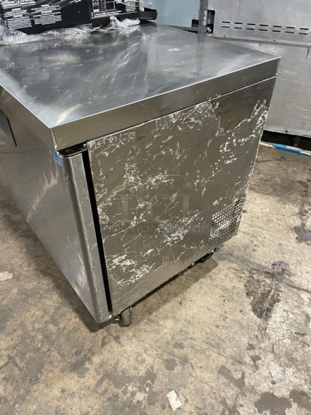 Migali CU60RHC stainless steel 2-door undercounter refrigerator, poly-coated rack, on casters, Model: C-U60R-HC, 115V, lightly worn.