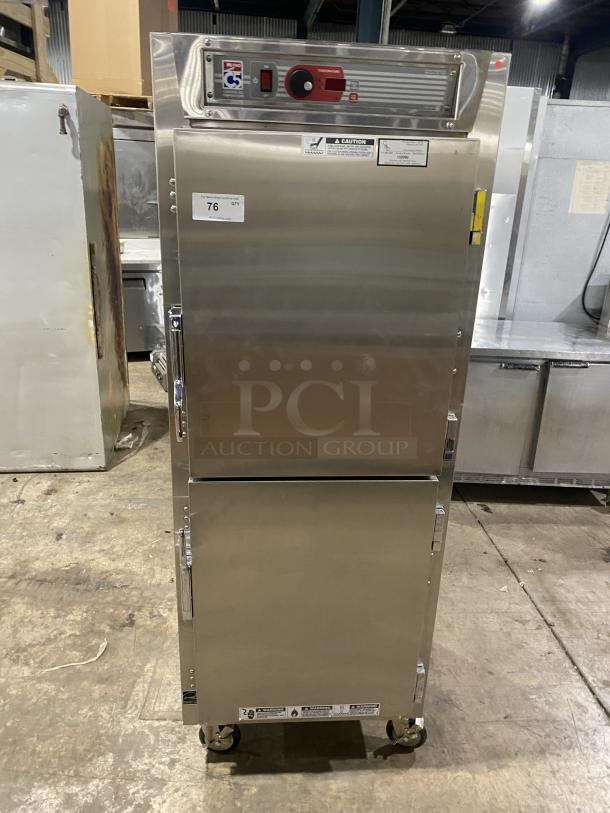 Metro C5 Series stainless steel heated holding cabinet, Model C589-SDS-UPDS, digital controls, pan racks, on casters.