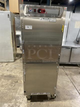 Metro C5 Series stainless steel heated holding cabinet, Model C589-SDS-UPDS, digital controls, pan racks, on casters.