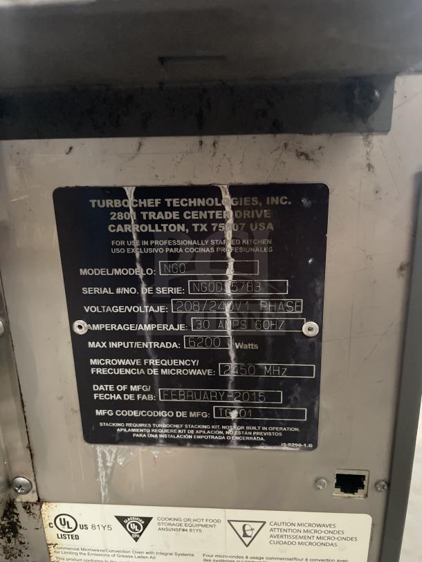 TurboChef NGO Rapid Cook Turbo Oven, electric, countertop, digital controls, 208/240V, 1 phase, SN: NGOD15783.