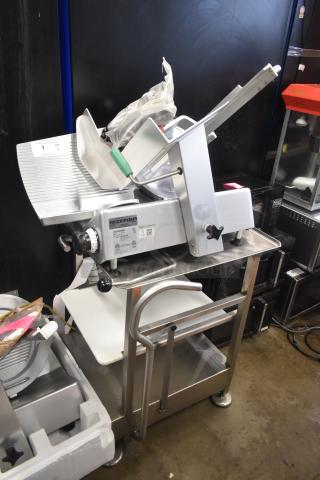 2023 Bizerba GSP H Commercial Meat Slicer with blade sharpener, on equipment stand. Model GSP H, 120V, 1 phase.