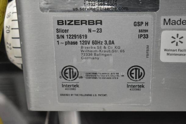 2023 Bizerba GSP H Commercial Meat Slicer label shows model, serial number, 120V 60Hz power specs, and certifications.