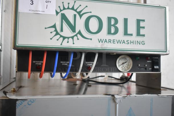 Brand new Noble WAREFORCE I-E pass-through dishwasher, 115V, 1 phase. Scratch and dent. Visible control panel and labels.