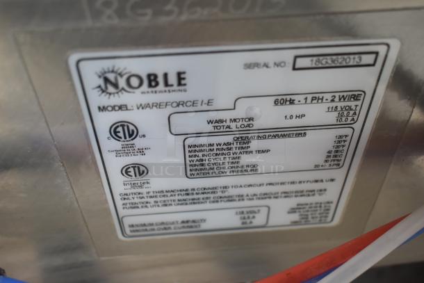 Label on Noble WAREFORCE I-E dishwasher reads 115 volts, 1 phase, 1.0 HP. ETL certified, operating parameters listed.