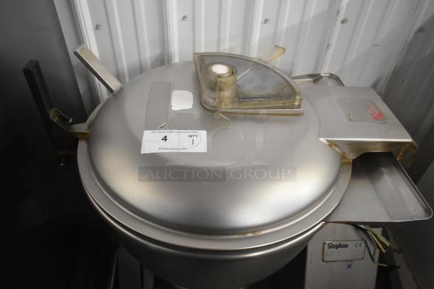 Stephan VCM44A/1 commercial vertical cutter mixer, 208V, 3-phase, stainless steel body, auction tag visible.