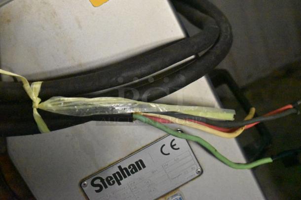 Stephan VCM44A/1 Commercial Vertical Cutter Mixer, 208V, 3 Phase. Features CE mark, visible cables, and Stephan label.