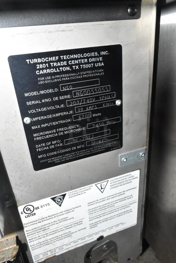 2022 Turbochef NGO Rapid Cook Oven label, showing model NGO, serial NGOD55055, voltage 208/240V, 1 phase.