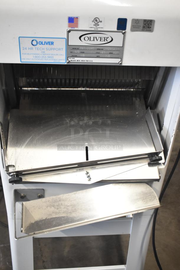 Oliver 797-32NC commercial bread loaf slicer with Pro Guard Artisan Bread Safety Chute, 115V, 1-phase, visible labels.
