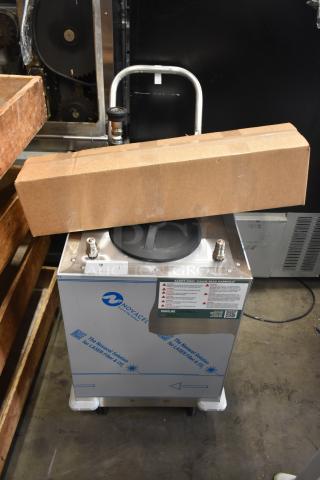 BRAND NEW SCRATCH AND DENT! Frontline 47SS Commercial Grease Caddy with casters, safety labels visible.