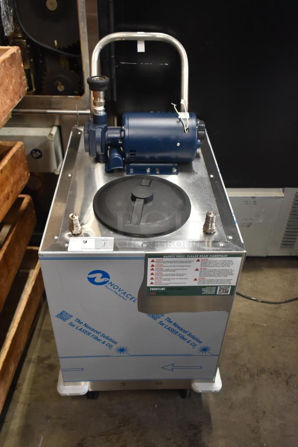 Brand new Frontline 47SS Commercial Grease Caddy on commercial casters, with minor scratches and dents, safety label visible.