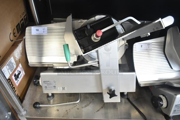 2017 Bizerba GSP H Commercial Meat Slicer, 120V, 1 phase, can't test due to cut power cord. Silver, some wear visible.