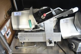 2017 Bizerba GSP H Commercial Meat Slicer, 120V, 1 phase, can't test due to cut power cord. Silver, some wear visible.