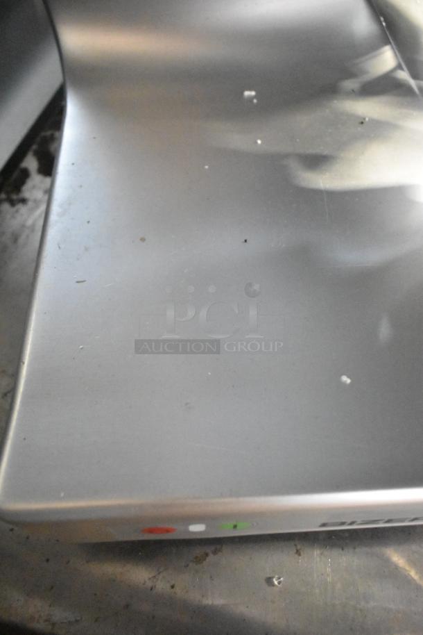 2017 Bizerba GSP H Commercial Meat Slicer. Power cord cut; unable to test. Features metal body with indicator lights.