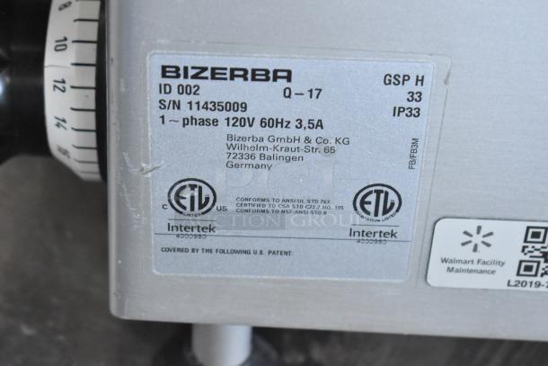 2017 Bizerba GSP H commercial meat slicer, 120V, 1 phase. Power cord cut, unable to test. Labels show model, serial number, and ETL certification.
