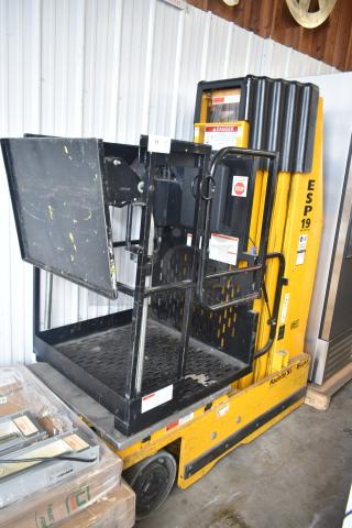 Bil Jax ESP-19 Haulotte Man Lift, 450 lb capacity, industrial use, black and yellow frame, visible safety labels.